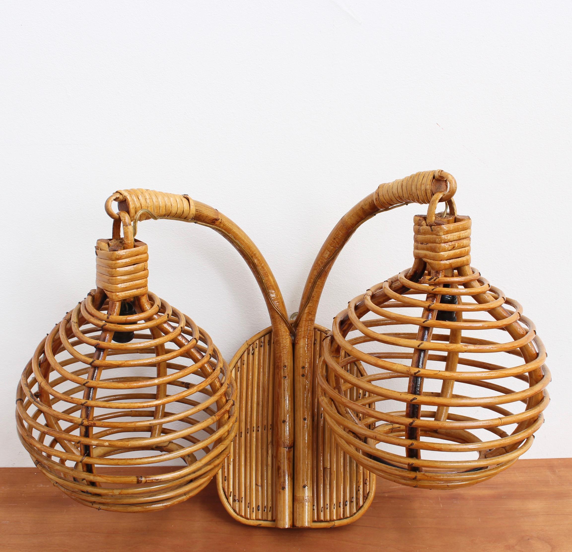 Midcentury Italian Rattan Sconce Lights 'circa 1960s' In Good Condition In London, GB