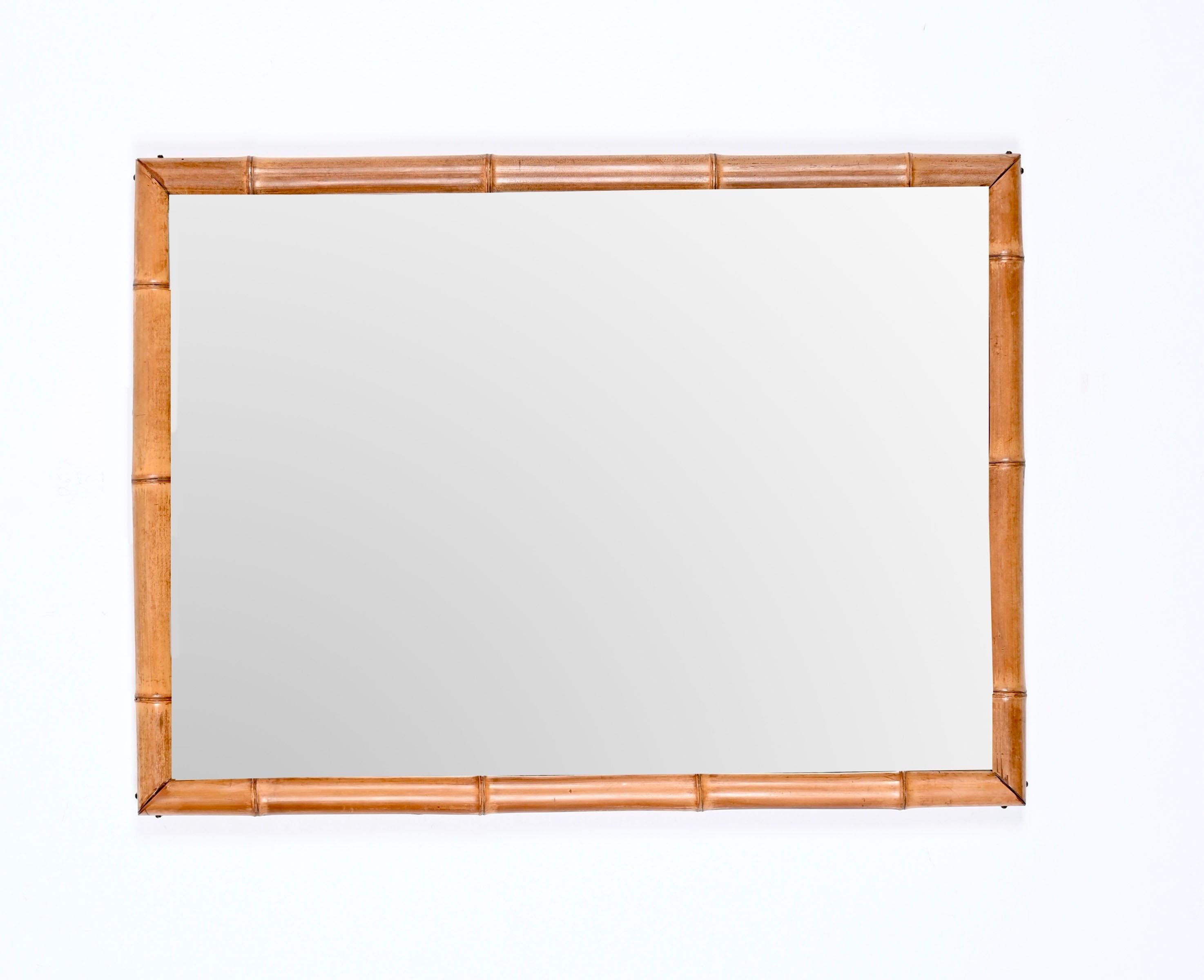 Hand-Crafted Mid-Century Italian Rectangulal Mirror in Bamboo, Italy 1950s