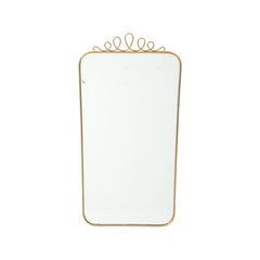 Mid-century Italian Rectangular Brass Wall Mirror Looping Scroll Crest, 1950s