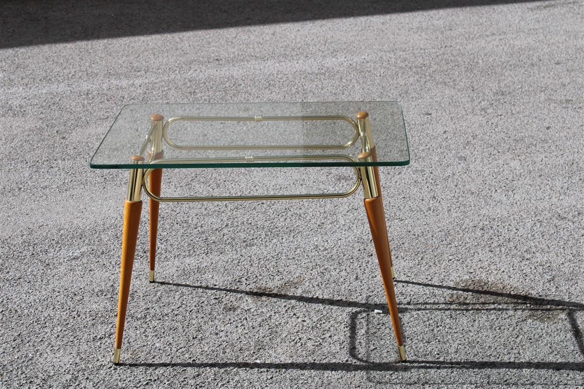 Midcentury Italian rectangular coffee table in brass and maple with glass top.