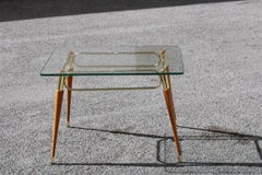 Midcentury Italian Rectangular Coffee Table in Brass and Maple with Glass Top