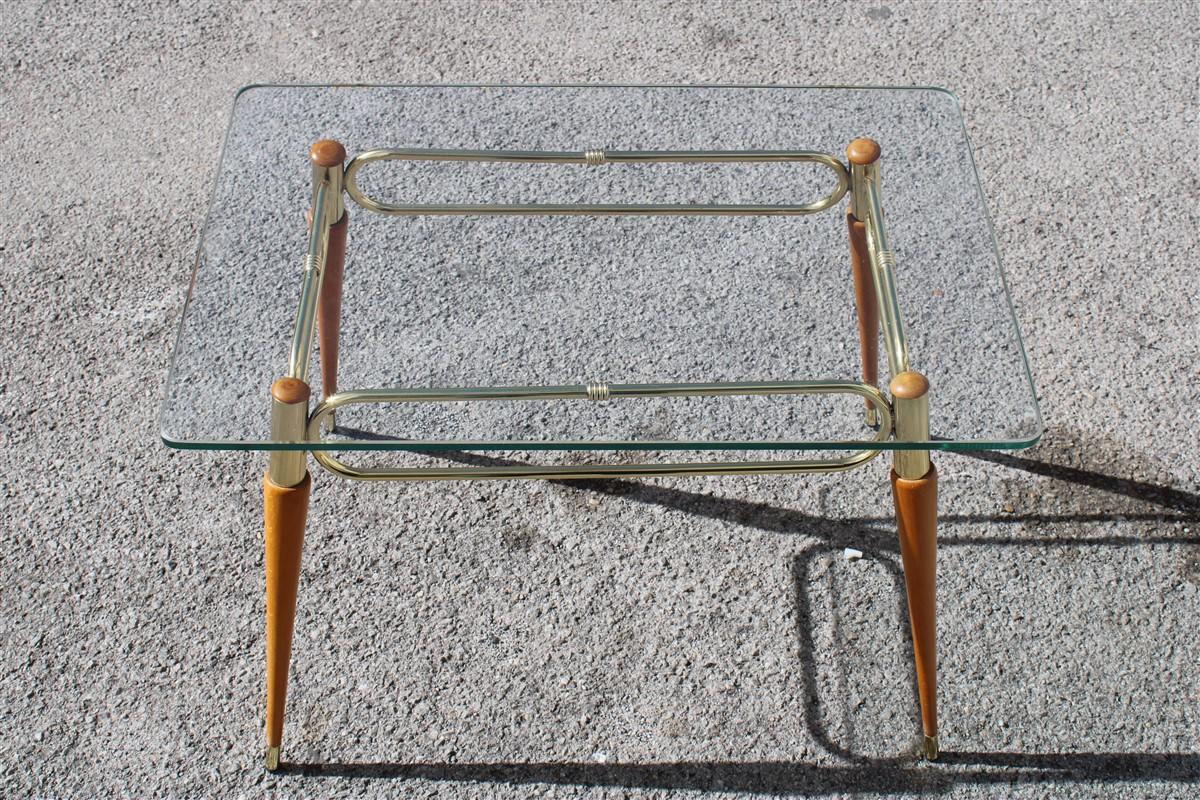 Mid-Century Modern Midcentury Italian Rectangular Coffee Table in Brass and Maple with Glass Top