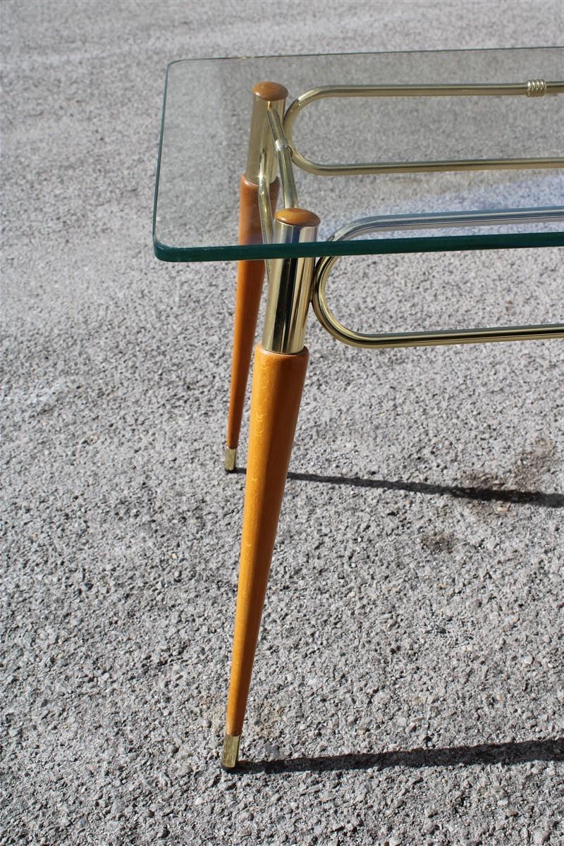 European Midcentury Italian Rectangular Coffee Table in Brass and Maple with Glass Top