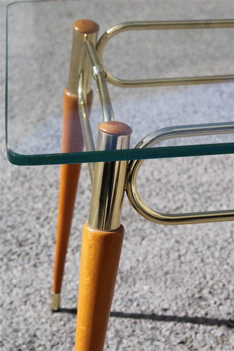 Midcentury Italian Rectangular Coffee Table in Brass and Maple with Glass Top In Good Condition In Palermo, Sicily