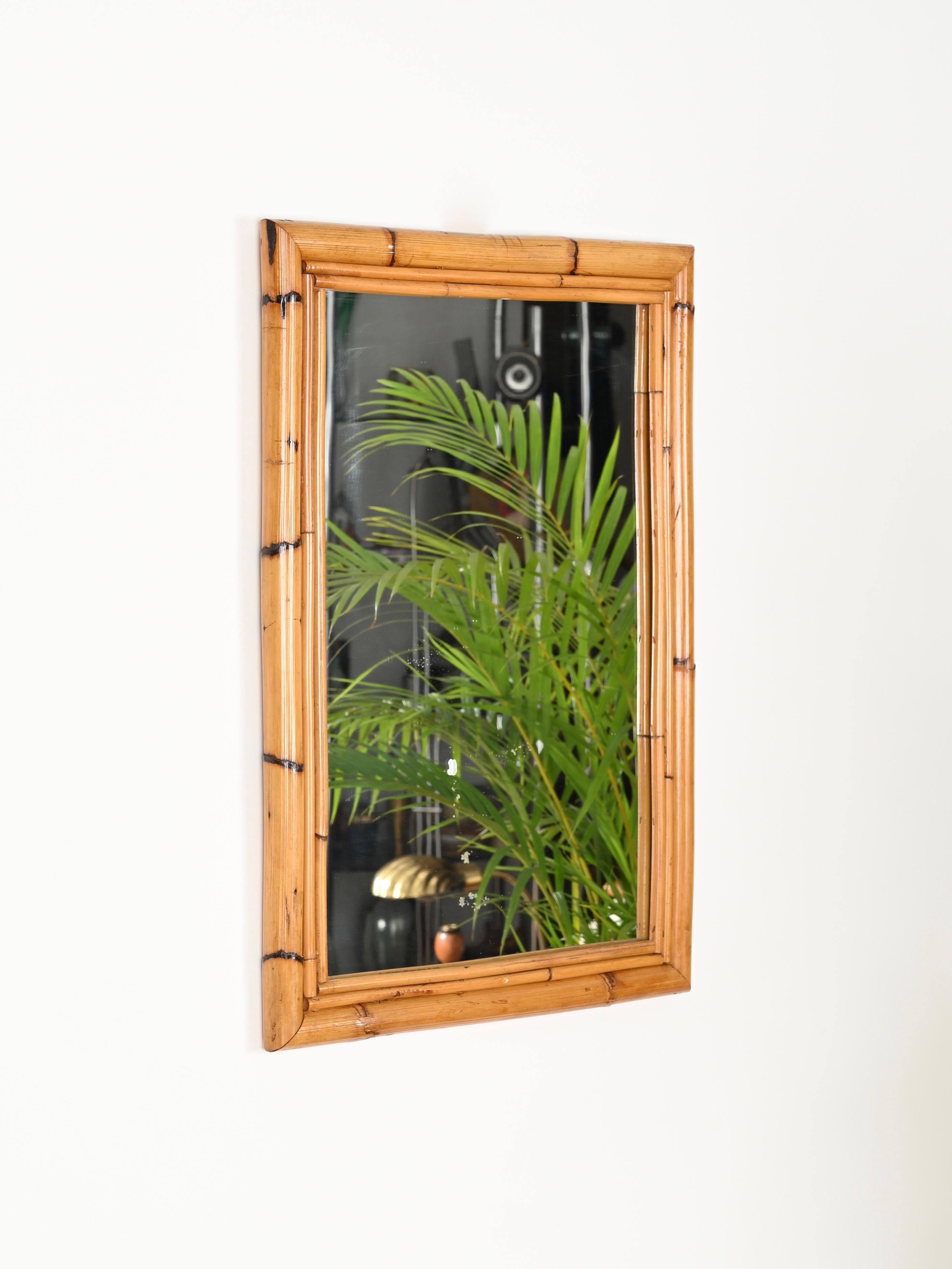 Mid-Century Modern Mid-Century Italian Rectangular Mirror in Bamboo and Rattan, Italy 1970s