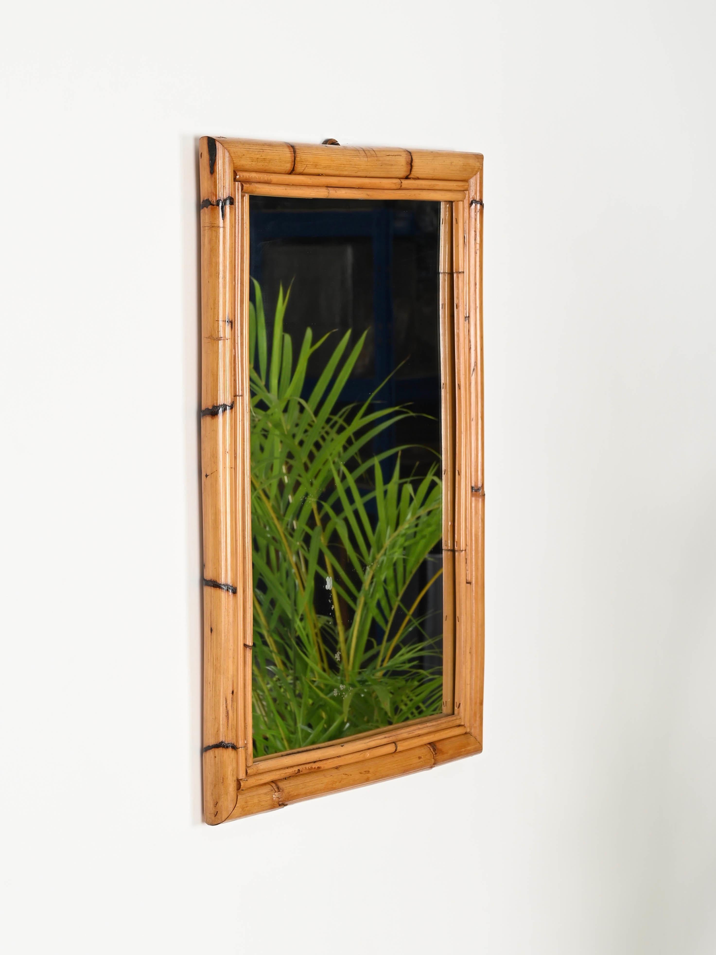 Hand-Crafted Mid-Century Italian Rectangular Mirror in Bamboo and Rattan, Italy 1970s