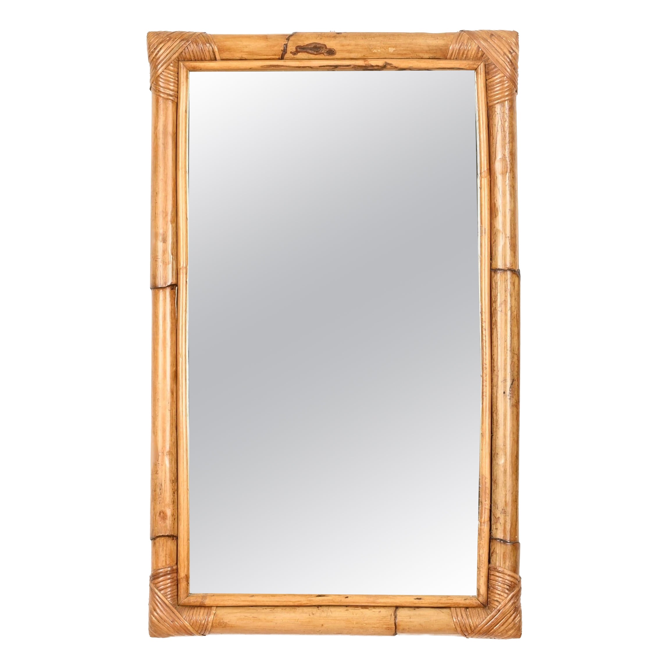 Mid-Century Italian Rectangular Mirror in Bamboo and Rattan, Italy, 1970s