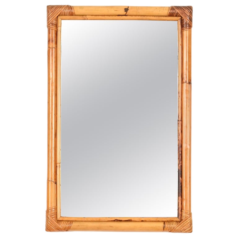 Mid-Century Italian Rectangular Mirror in Bamboo and Rattan, Italy, 1970s