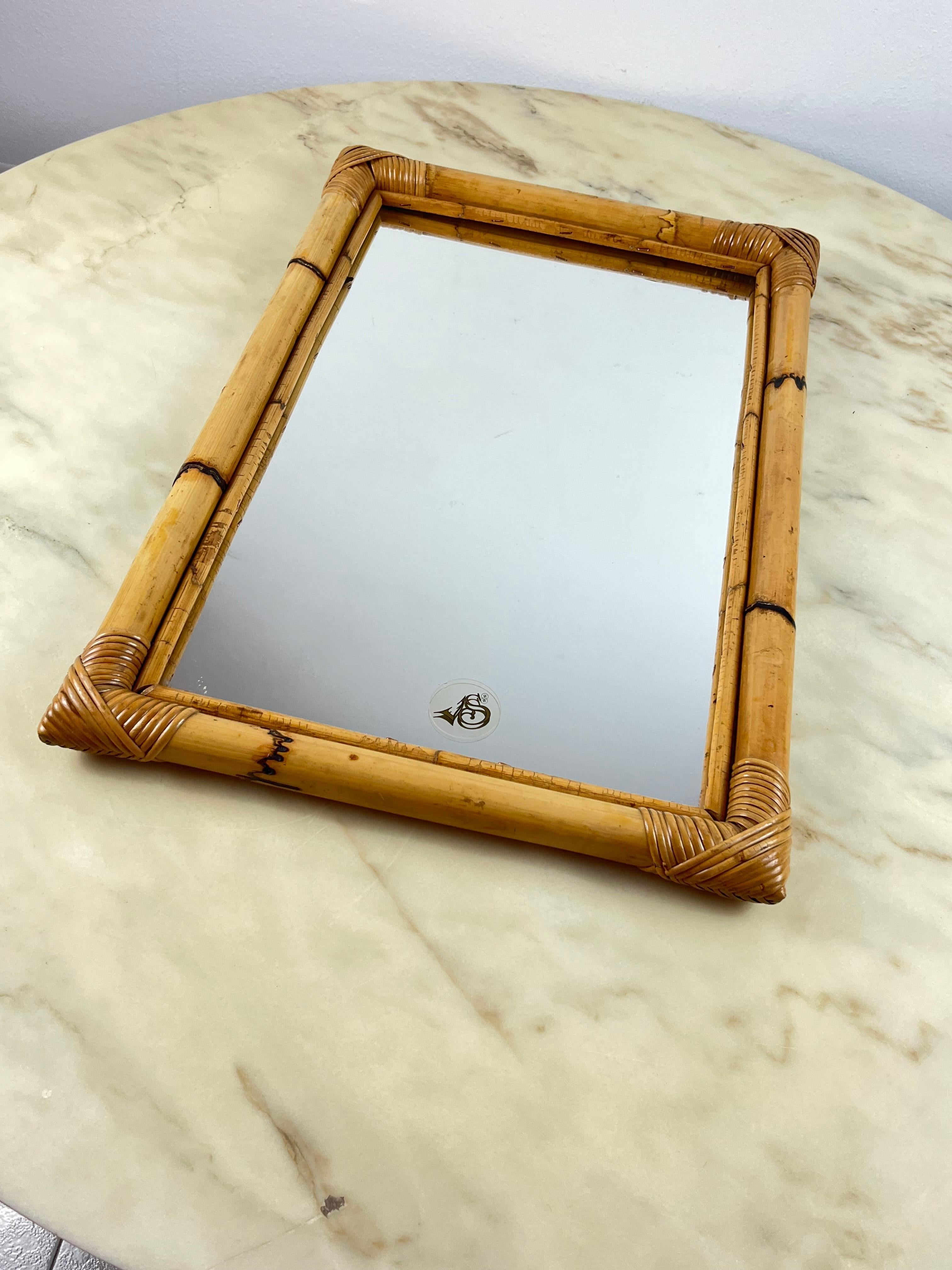 Late 20th Century Mid-Century Italian Rectangular Mirror with Double Bamboo Cane Frame, 1970s For Sale