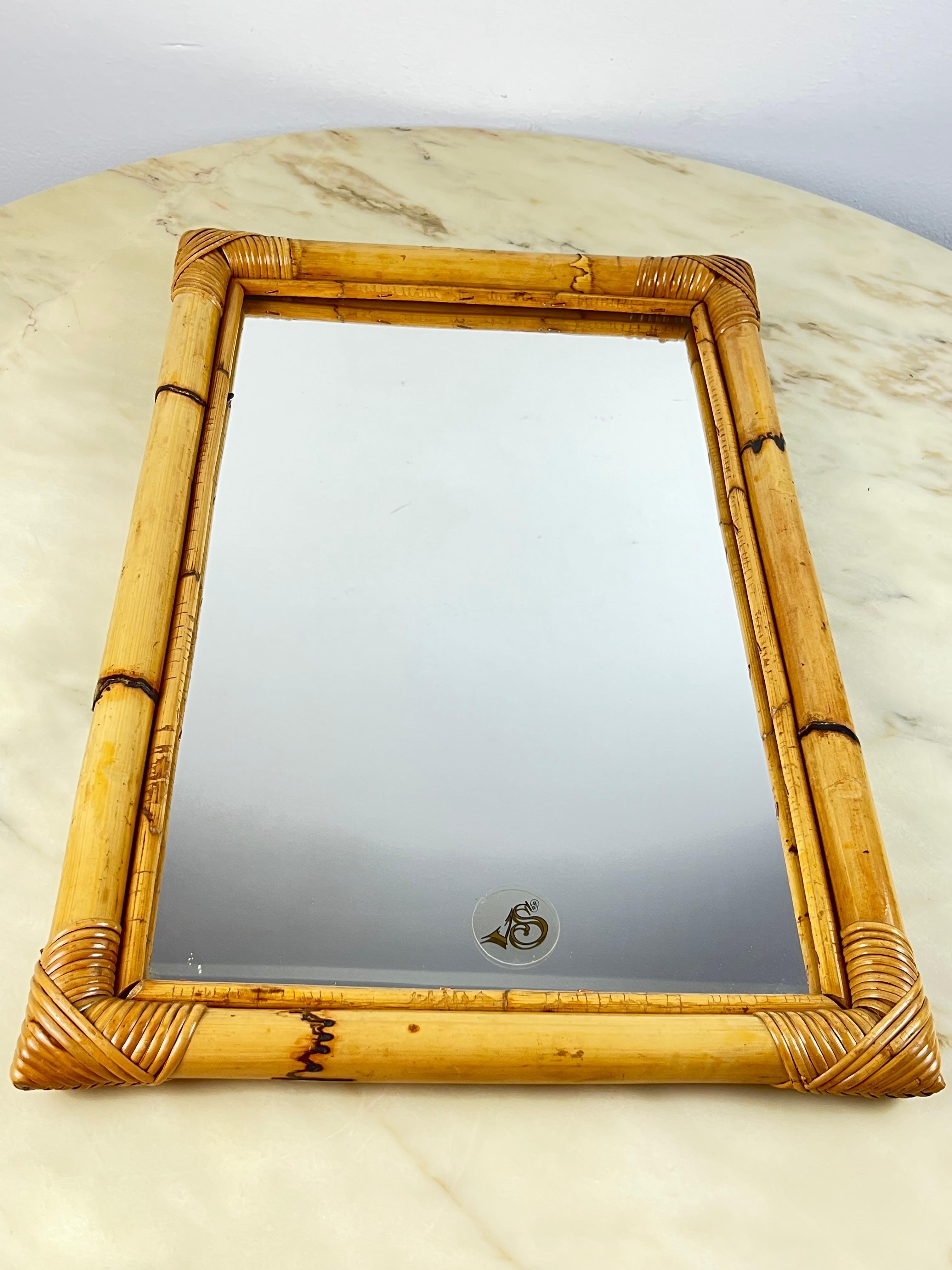 Mid-Century Italian Rectangular Mirror with Double Bamboo Cane Frame, 1970s For Sale 1