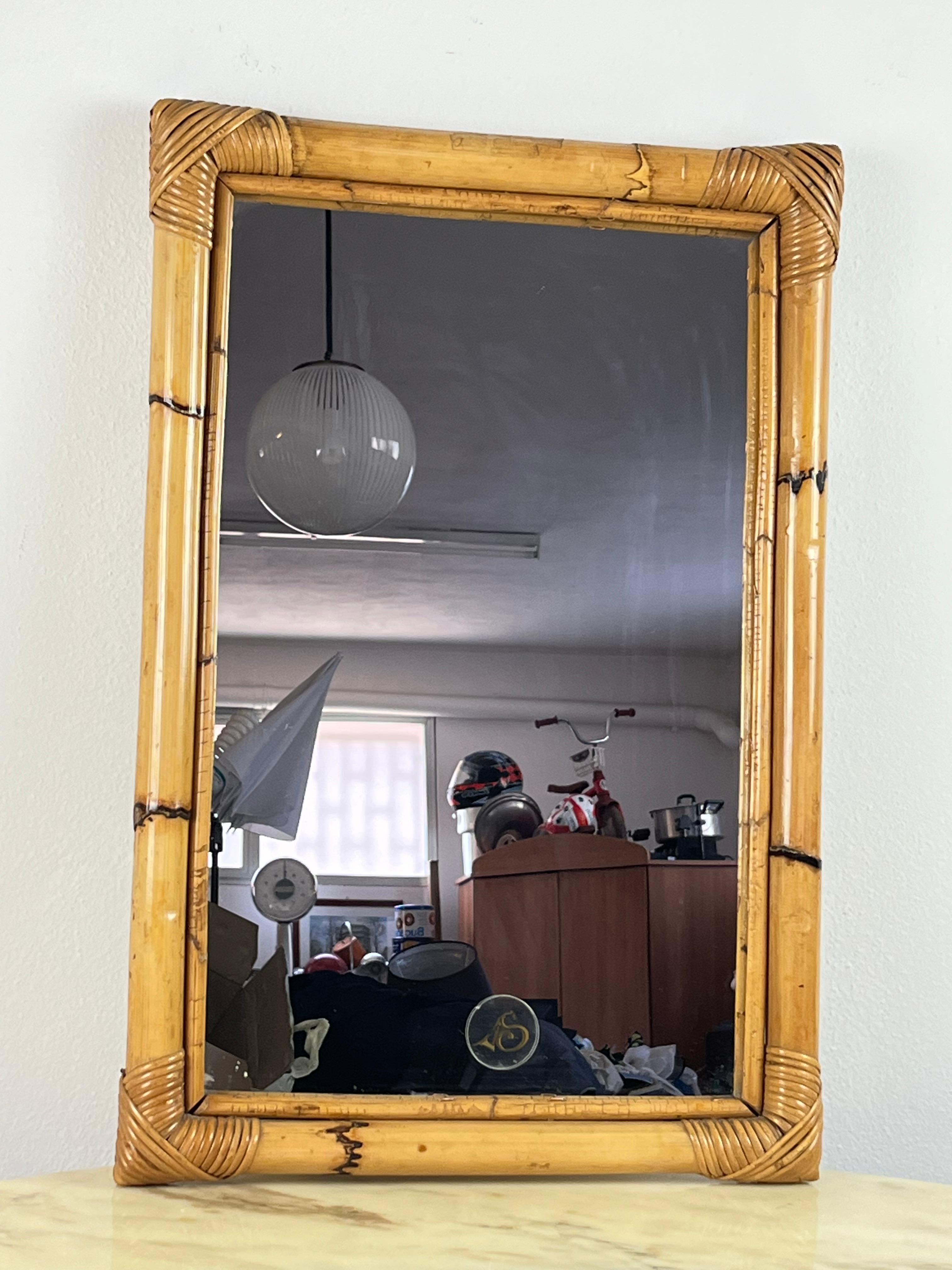 Mid-Century Italian Rectangular Mirror with Double Bamboo Cane Frame, 1970s For Sale 3