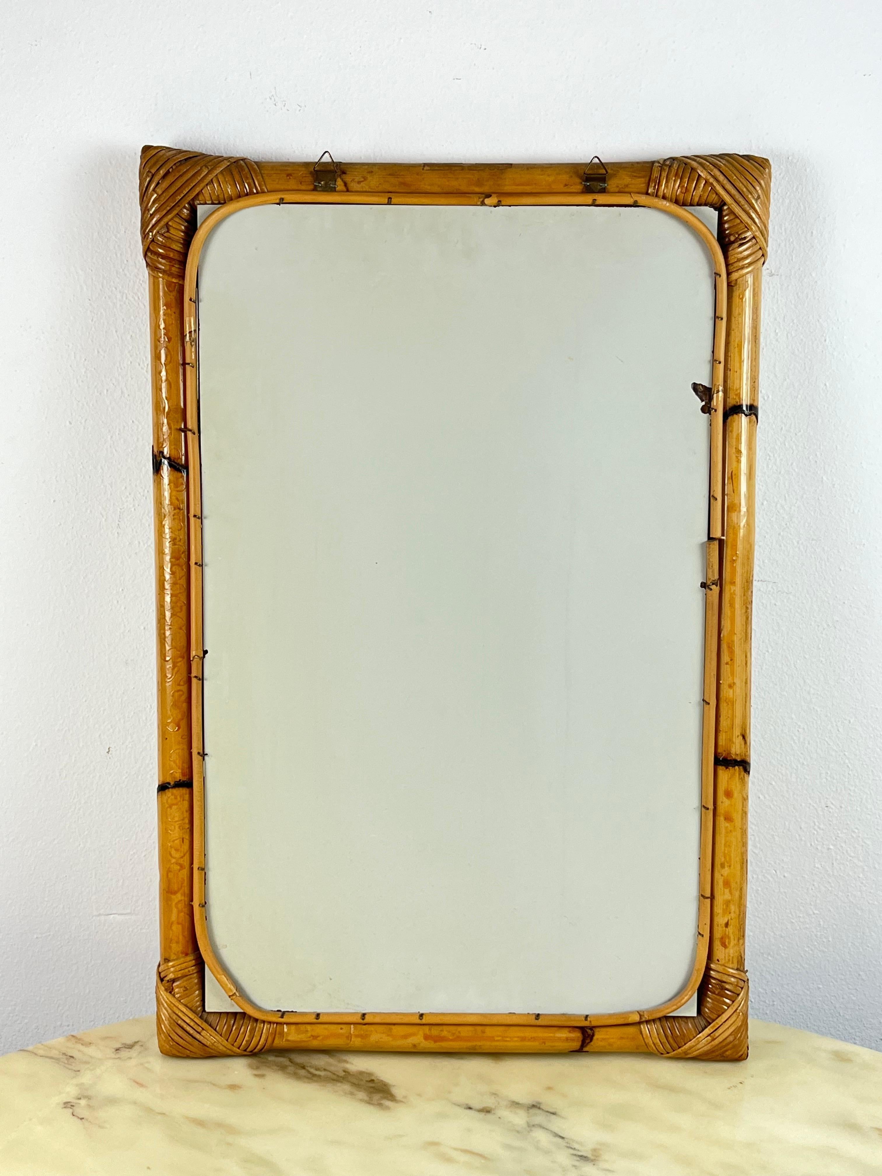 Mid-Century Italian Rectangular Mirror with Double Bamboo Cane Frame, 1970s For Sale 4