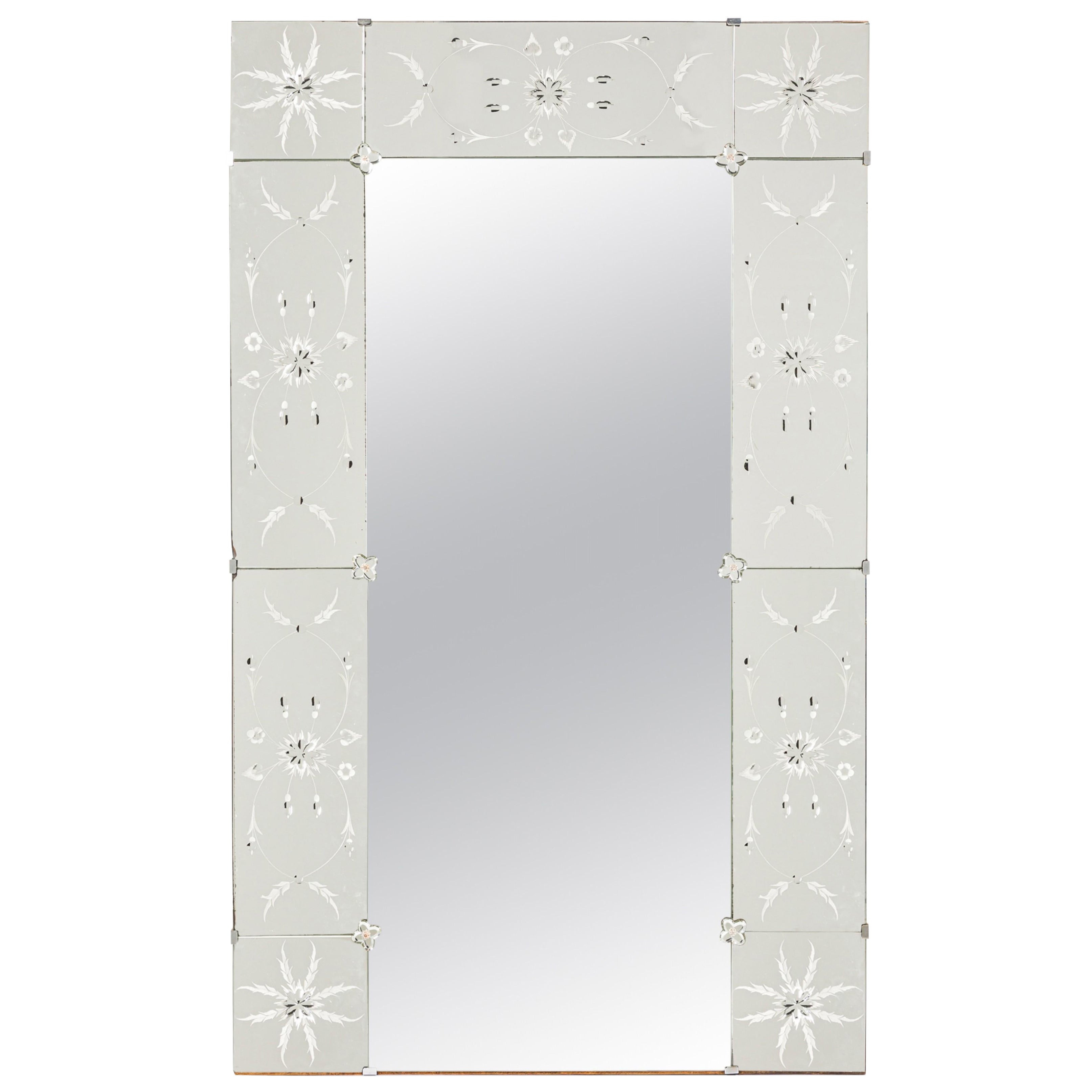 Mid-Century Italian Rectangular Wall Mirror with Etched Glass Floral Border