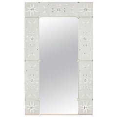 Mid-Century Italian Rectangular Wall Mirror with Etched Glass Floral Border