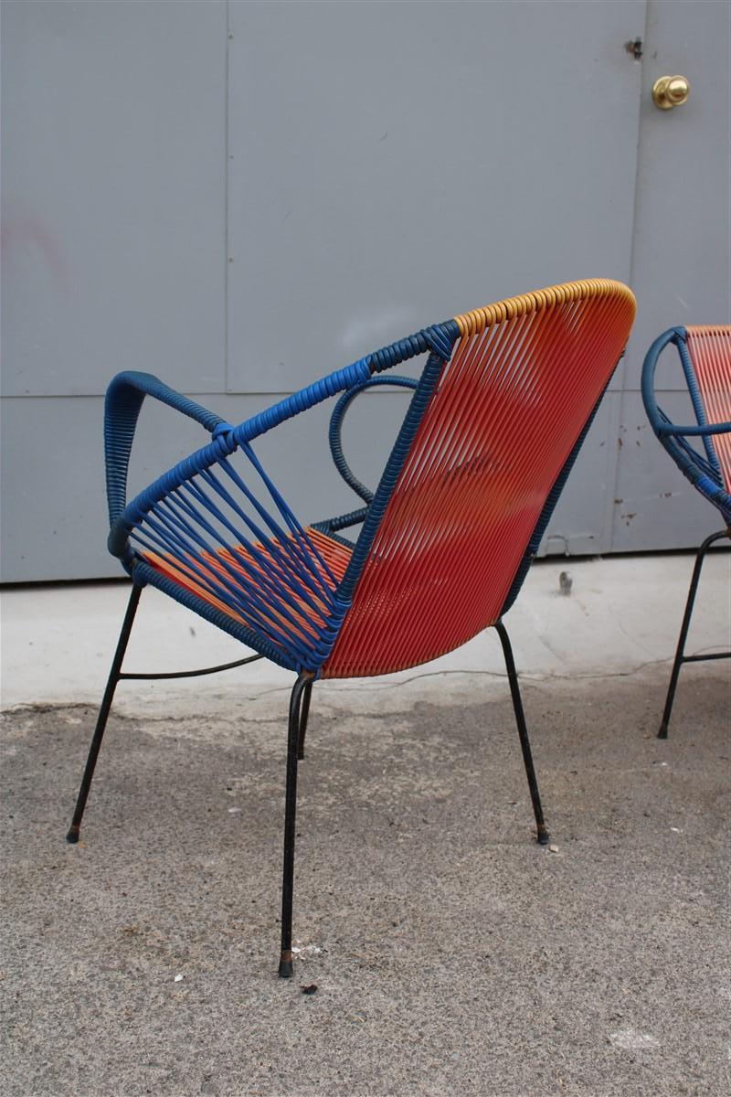 Mid-century Italian red and blue metal and plastic sofa and armchairs 1950 For Sale 8