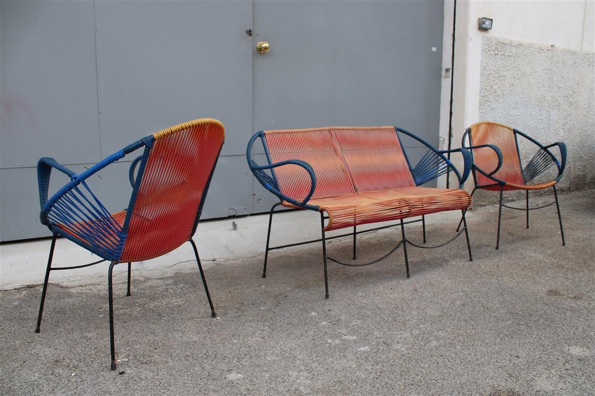 Mid-century Italian red and blue metal and plastic sofa and armchairs 1950 For Sale 9