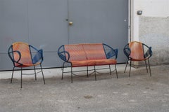 Mid-century Italian red and blue metal and plastic sofa and armchairs 1950