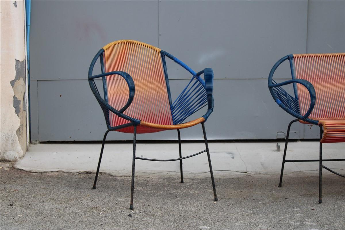 Mid-century Italian red and blue metal and plastic sofa and armchairs 1950 In Good Condition For Sale In Palermo, Sicily