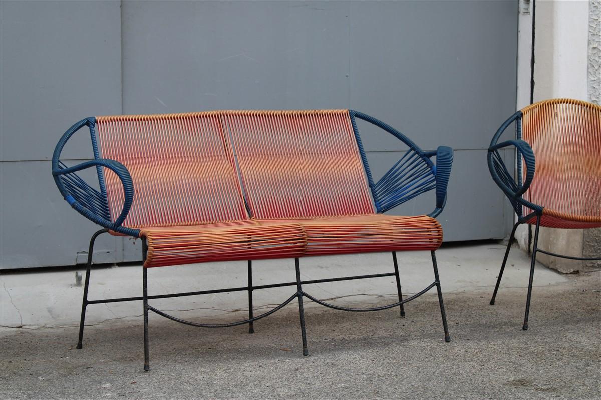 Mid-20th Century Mid-century Italian red and blue metal and plastic sofa and armchairs 1950 For Sale