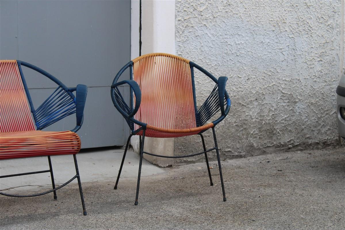 Metal Mid-century Italian red and blue metal and plastic sofa and armchairs 1950 For Sale