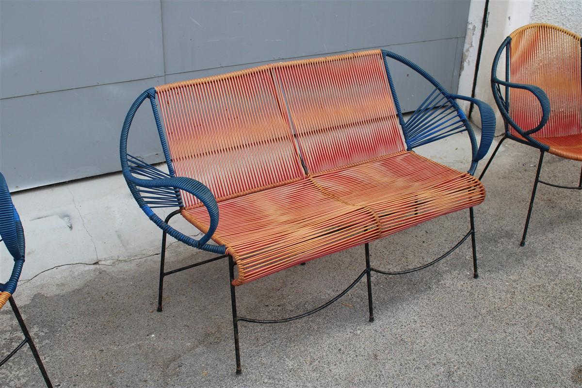 Mid-century Italian red and blue metal and plastic sofa and armchairs 1950 For Sale 2