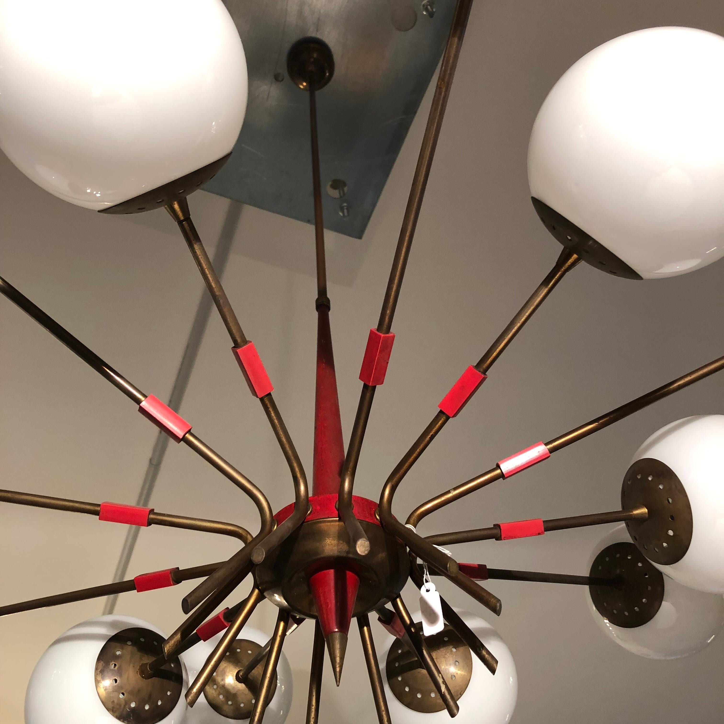 Mid-Century Modern Midcentury Italian Red and Opaline Glass Sputnik Chandelier by Stilnovo, 1950s For Sale