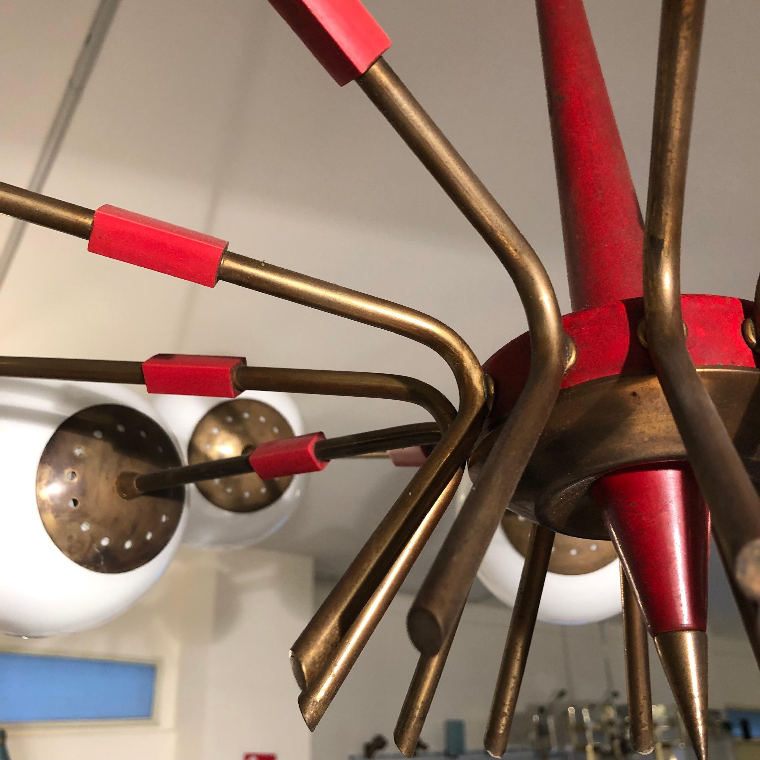 Brass Midcentury Italian Red and Opaline Glass Sputnik Chandelier by Stilnovo, 1950s For Sale