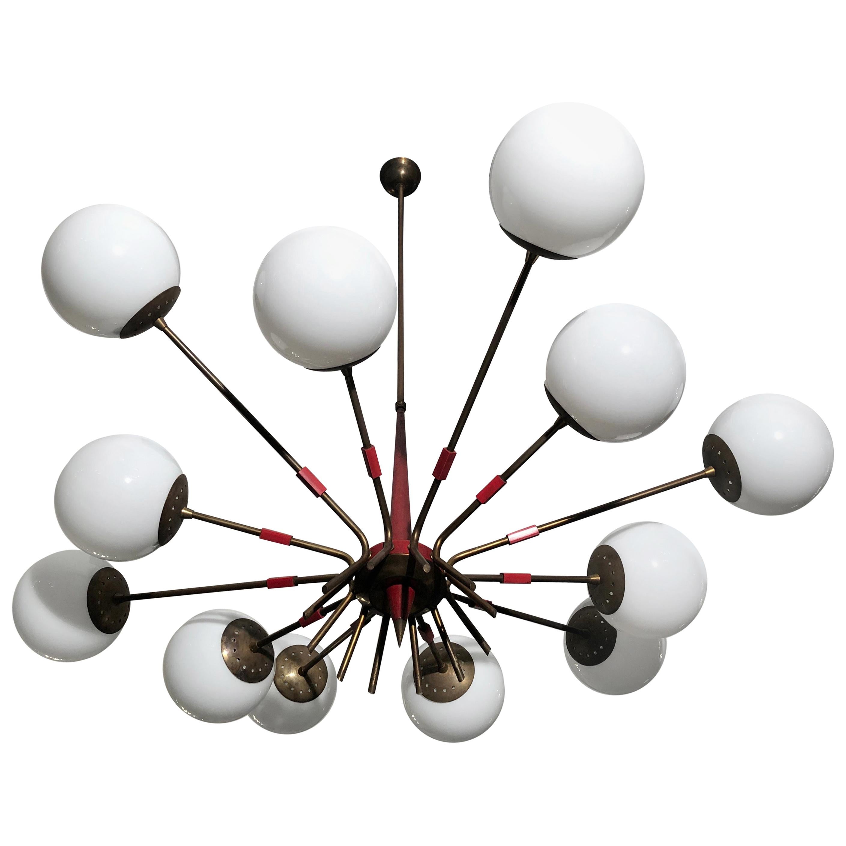 Midcentury Italian Red and Opaline Glass Sputnik Chandelier by Stilnovo, 1950s For Sale