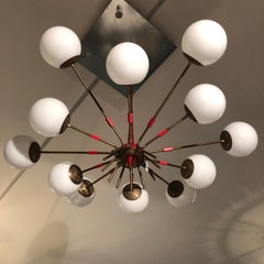 Midcentury Italian Red and Opaline Glass Sputnik Chandelier by Stilnovo, 1950s