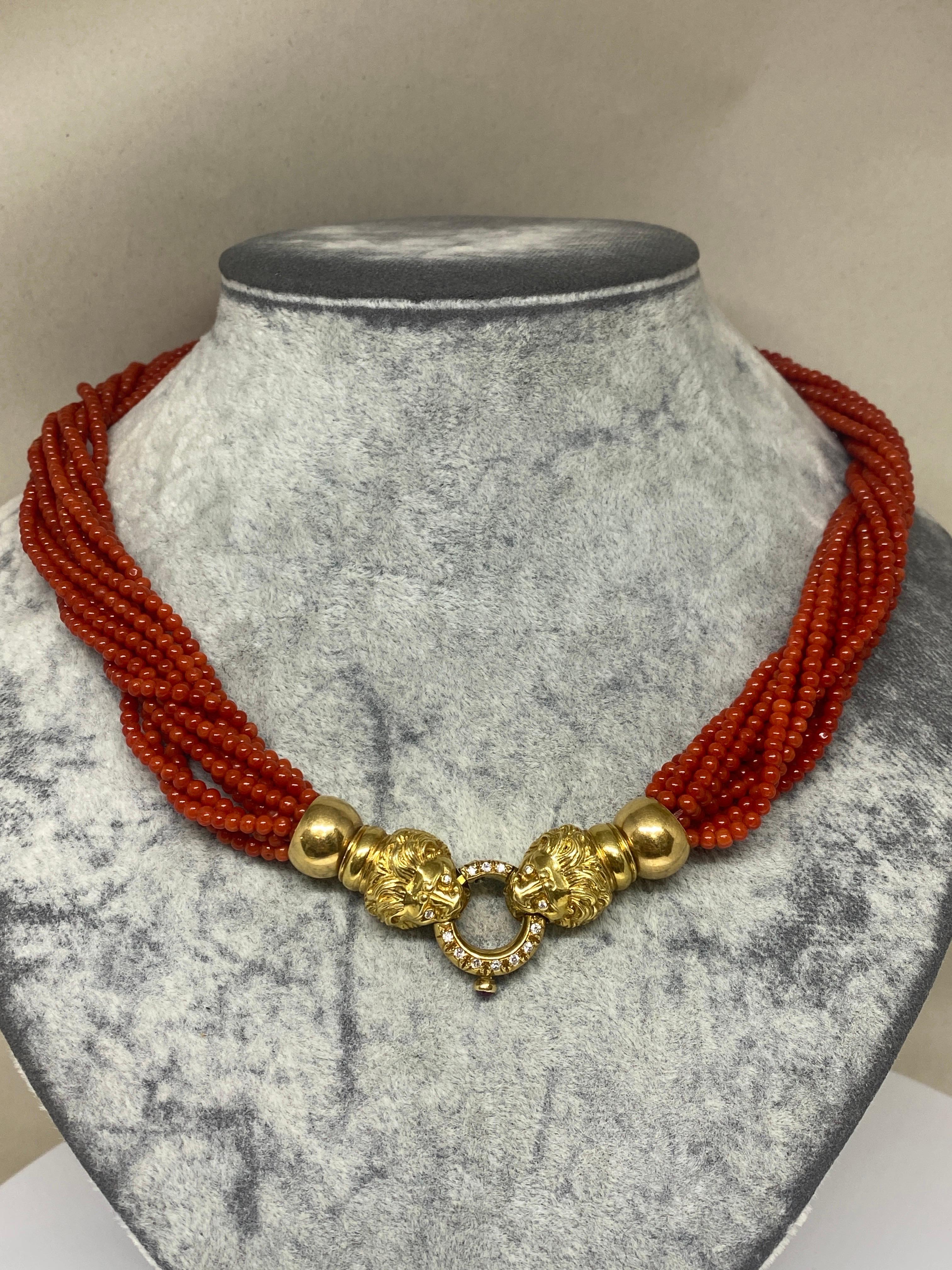 Mid Century Italian Red Coral Multi Strand Bead 18k Gold & Diamond Lion Necklace 6