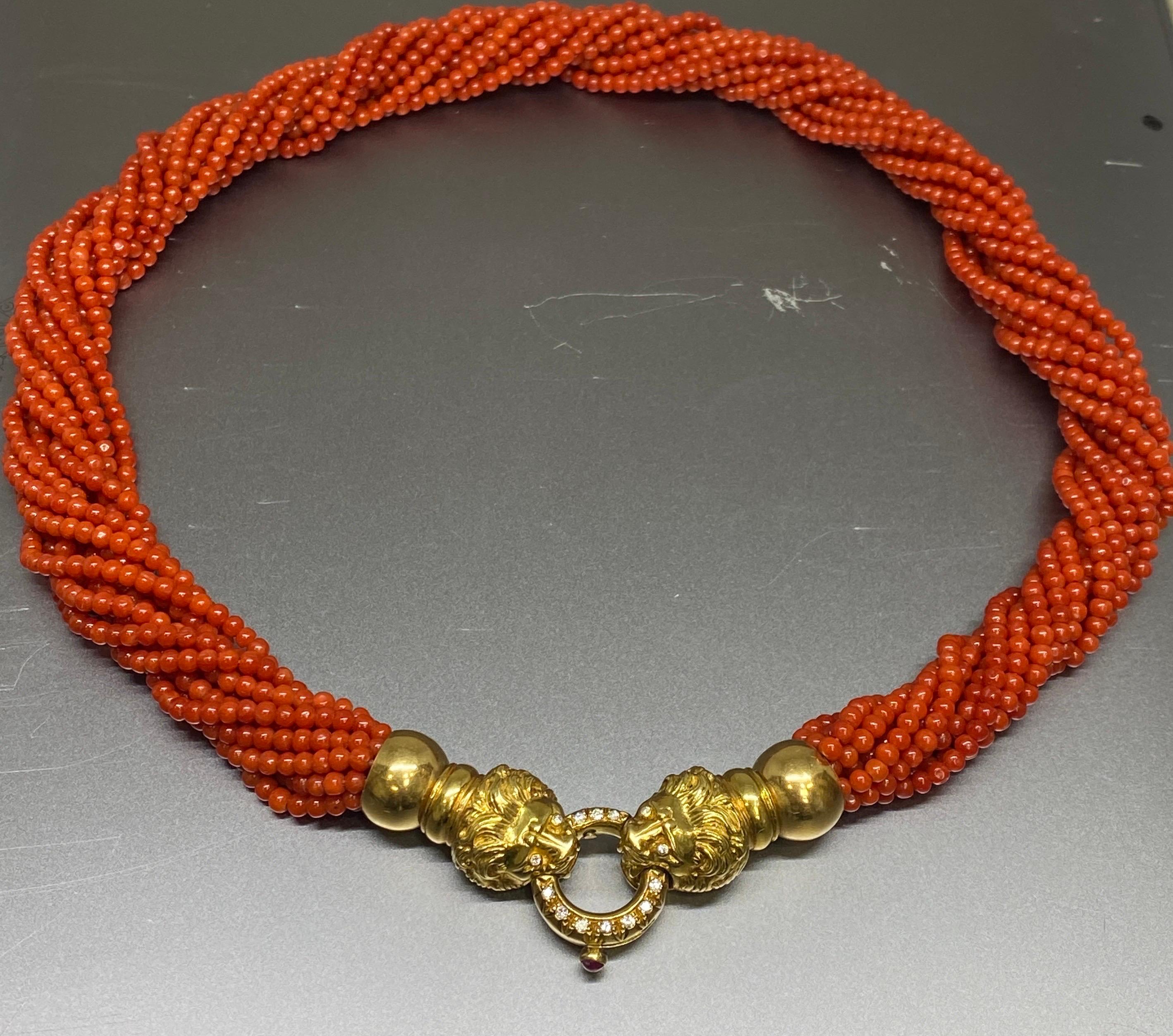 Mid Century Italian Red Coral Multi Strand Bead 18k Gold & Diamond Lion Necklace 7