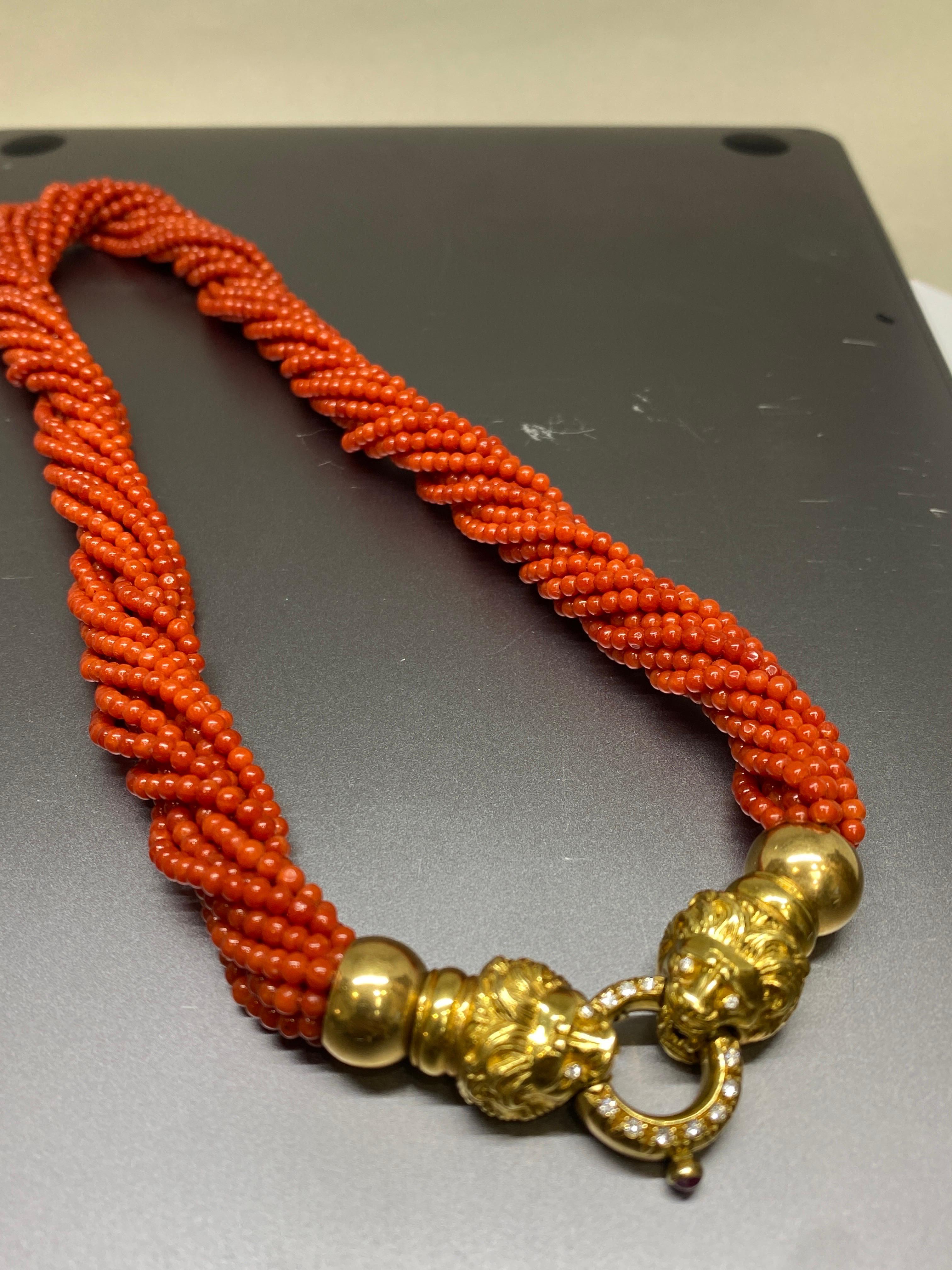 Mid Century Italian Red Coral Multi Strand Bead 18k Gold & Diamond Lion Necklace 8