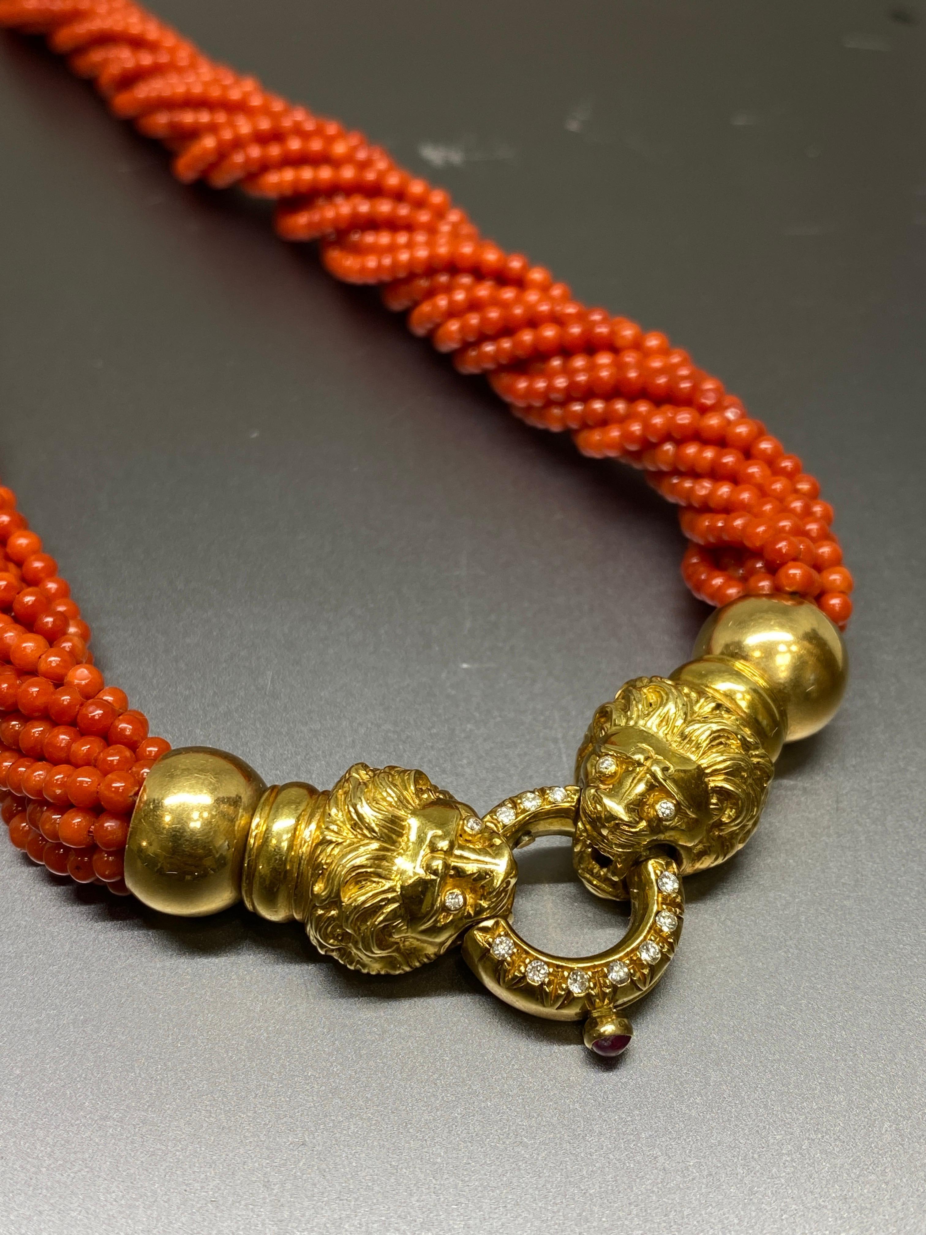 Contemporary Mid Century Italian Red Coral Multi Strand Bead 18k Gold & Diamond Lion Necklace