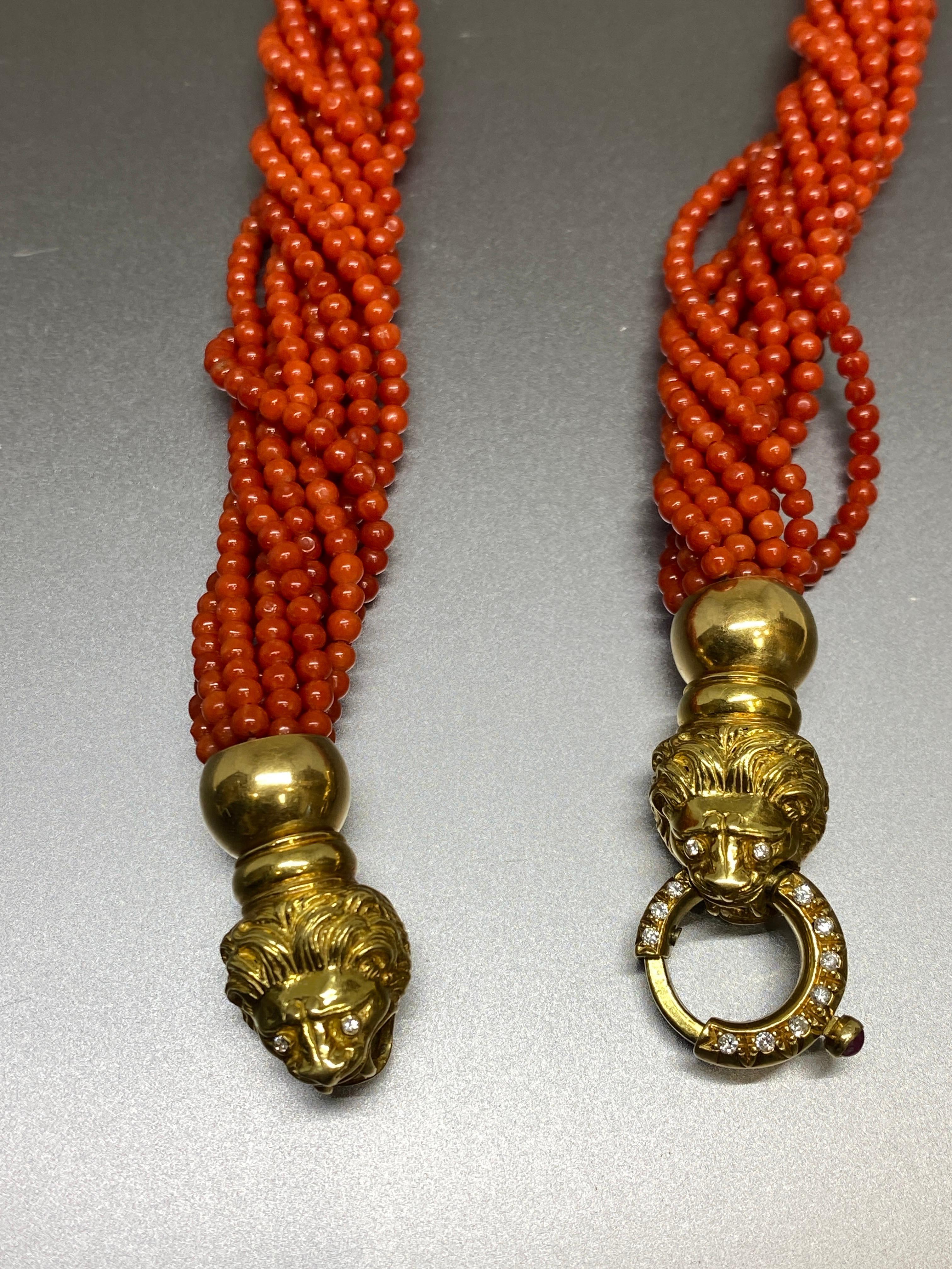 Mid Century Italian Red Coral Multi Strand Bead 18k Gold & Diamond Lion Necklace 1