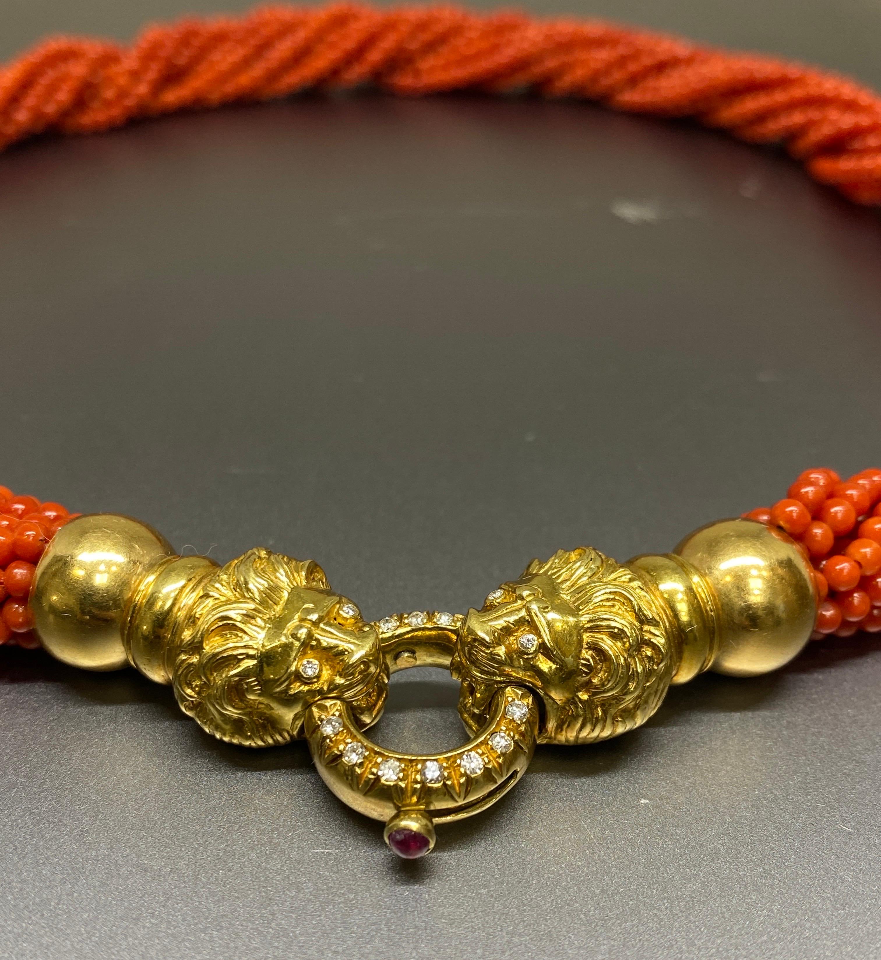 Mid Century Italian Red Coral Multi Strand Bead 18k Gold & Diamond Lion Necklace 4