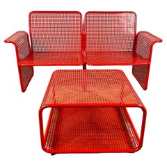 Vintage Mid Century Italian Red Metal Two-Seater Bench with Matching Table, circa 1970s