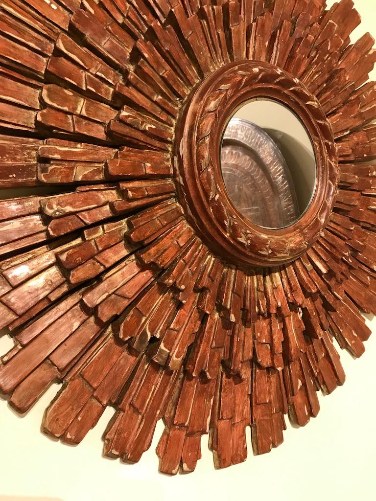 Wood Mid Century Italian Red Starburst Mirror by Palladio For Sale