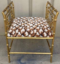 Mid-Century Italian Regency Gilt Metal Faux Bamboo W/ Cut Velvet Benches - Pair