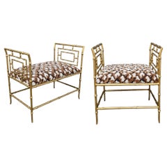 Mid-Century Italian Regency Gilt Metal Faux Bamboo W/ Cut Velvet Benches - Pair