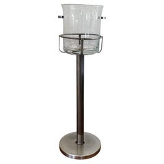 Mid Century Italian Regency Glass Ice Bucket & Chrome Stand Champagne Chiller