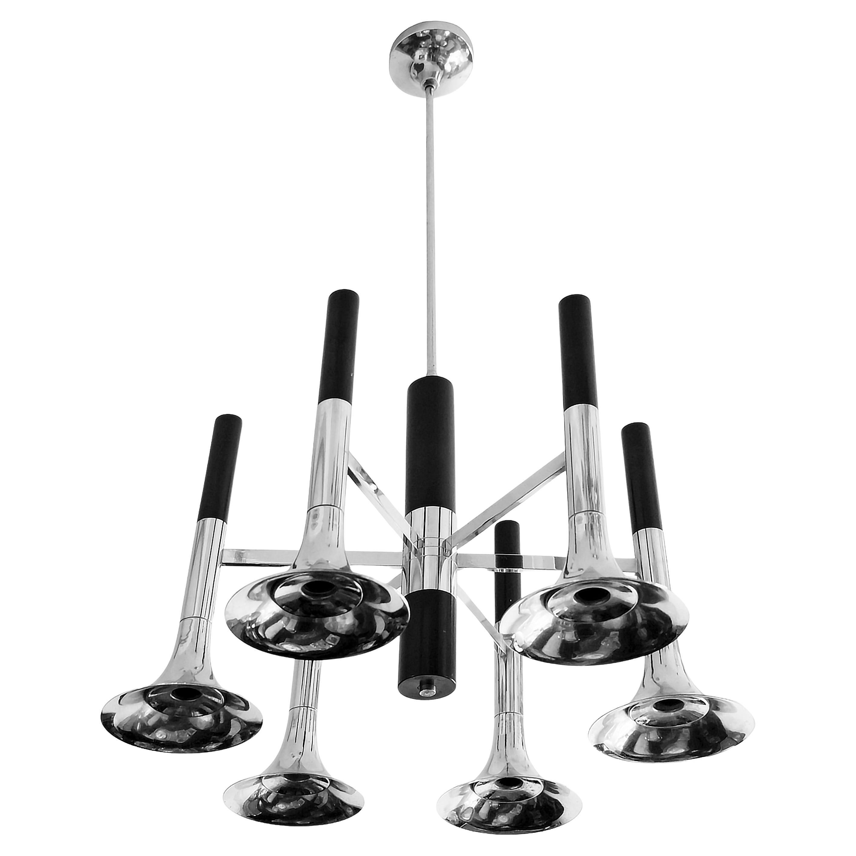 Mid-Century Italian Reggiani Trumpet Chrome Chandelier, circa 1970