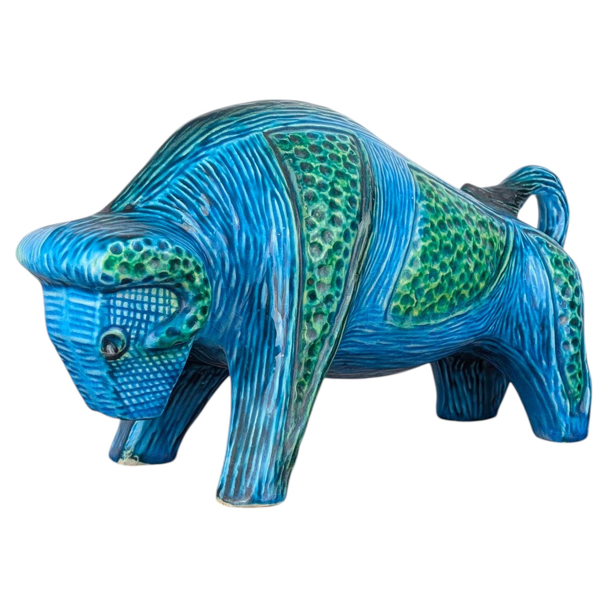 Mid Century Italian Rimini Blu Ceramic Bull Sculpture