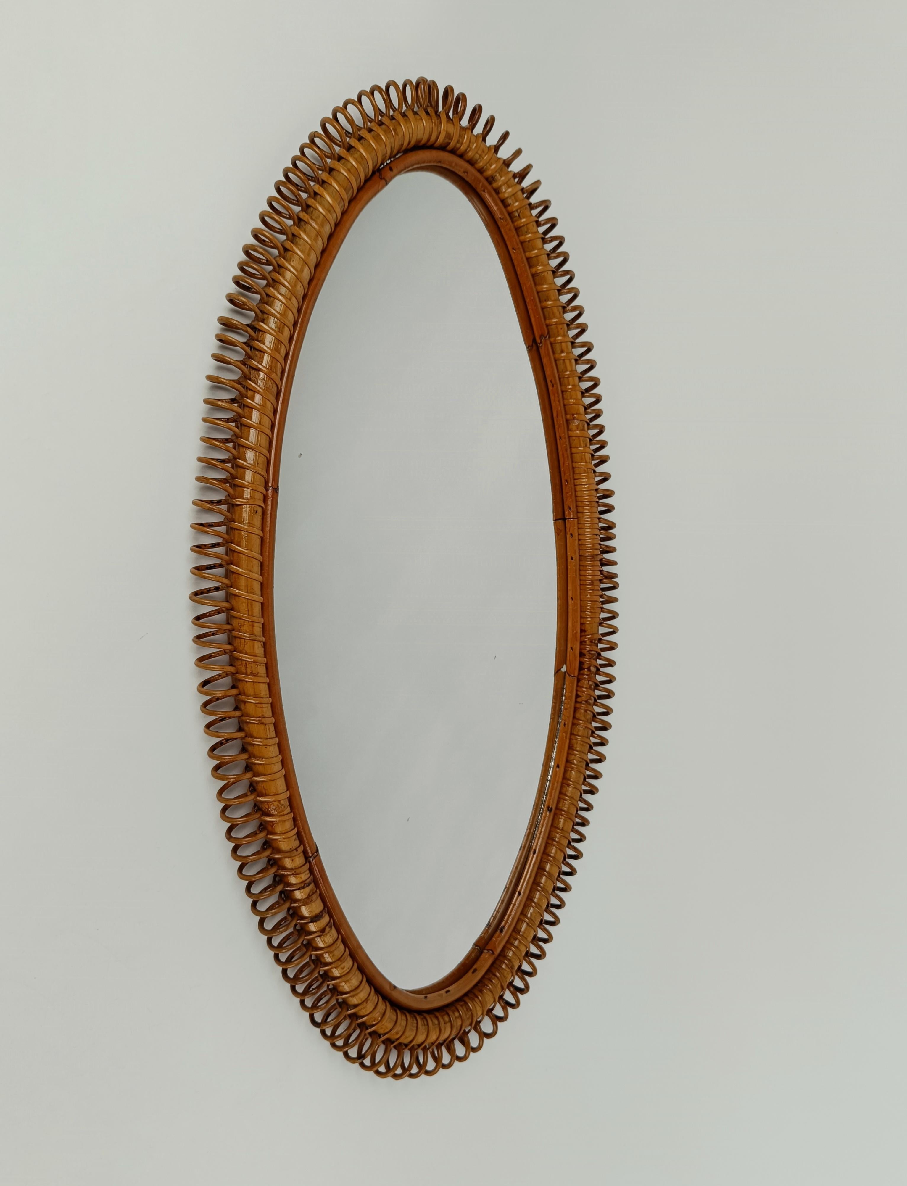 Midcentury Italian Riviera Spiral Bamboo and Rattan Oval Mirror, 1960s 7