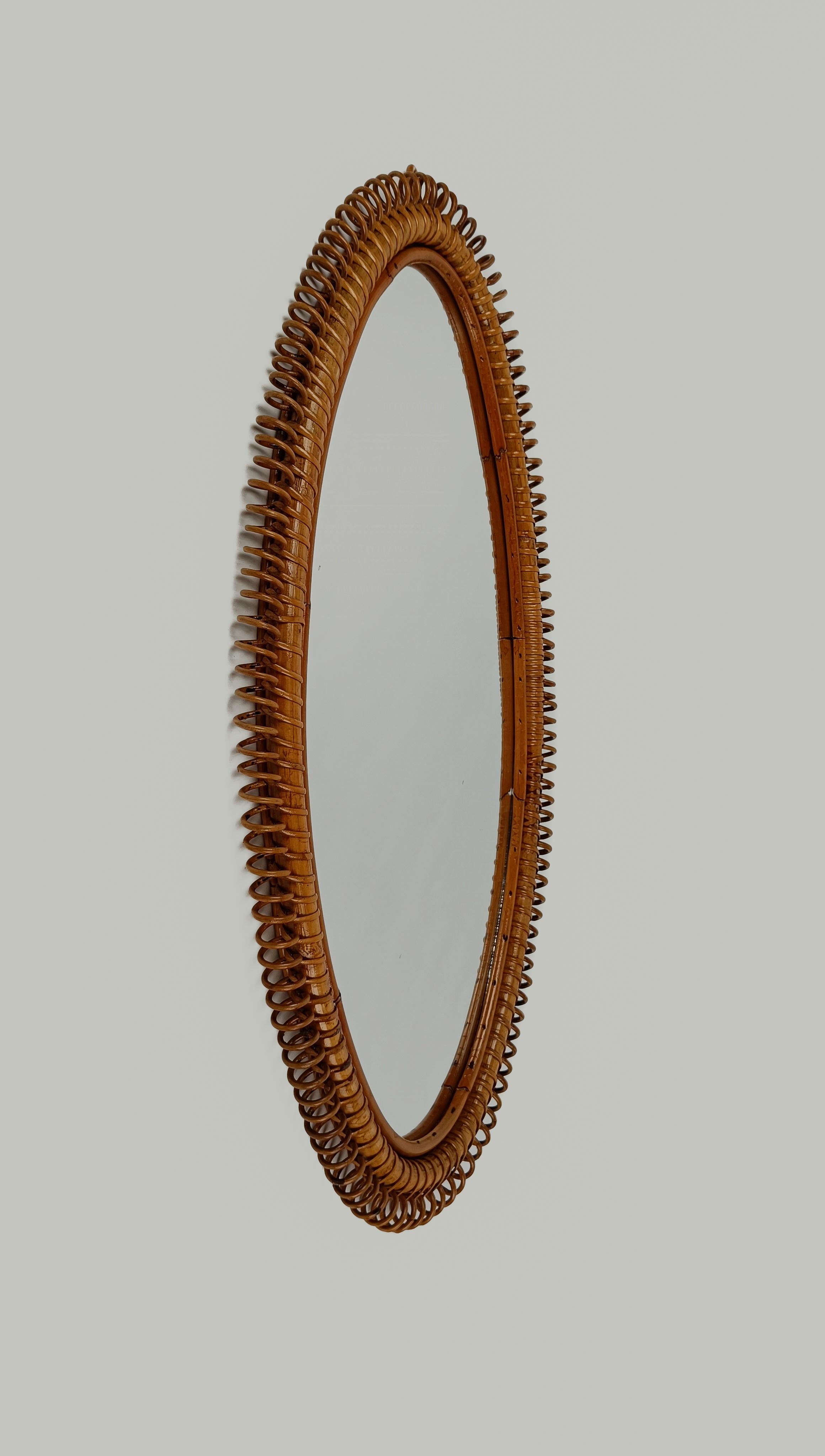 Mid-Century Modern Midcentury Italian Riviera Spiral Bamboo and Rattan Oval Mirror, 1960s