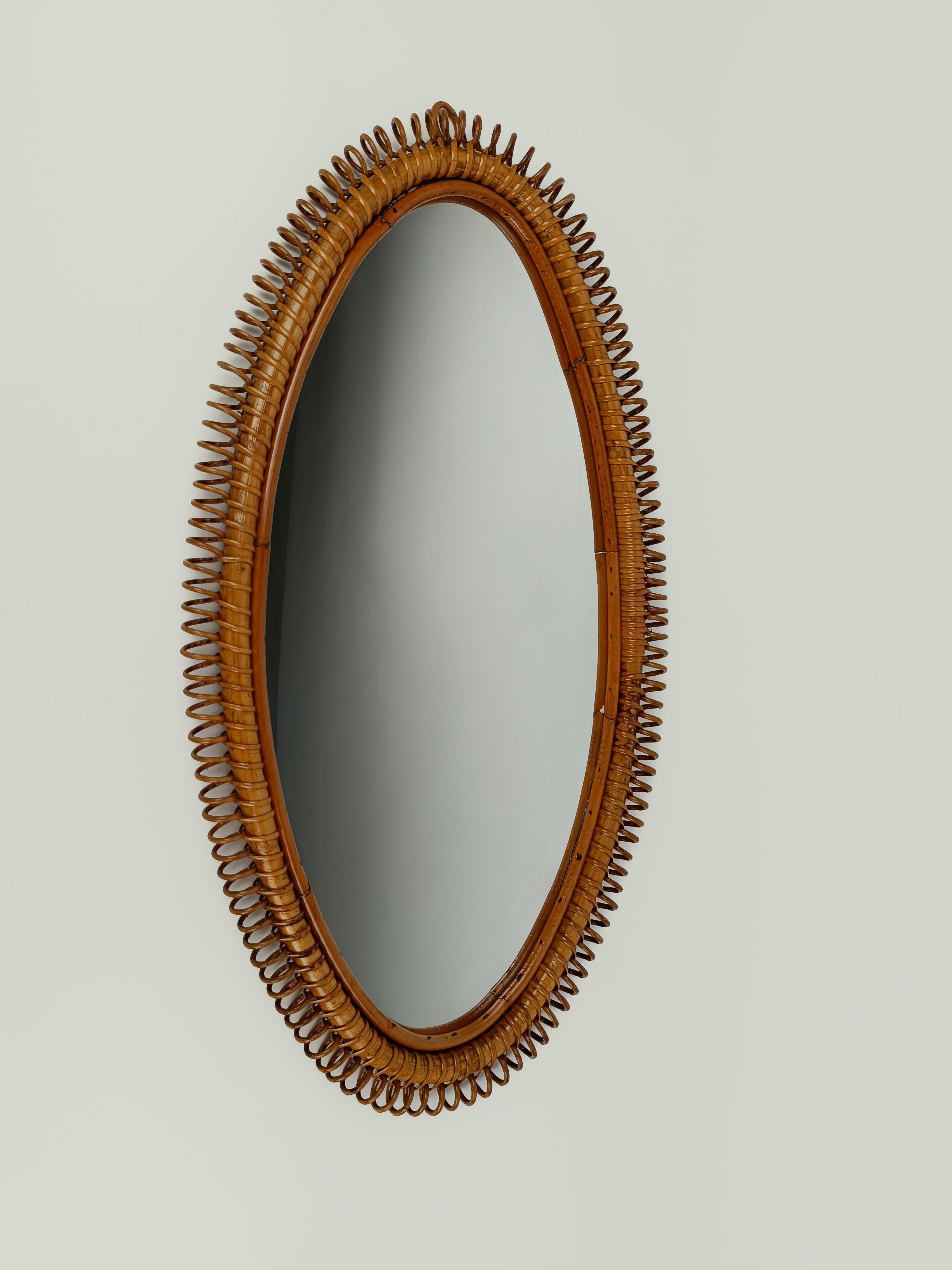 20th Century Midcentury Italian Riviera Spiral Bamboo and Rattan Oval Mirror, 1960s