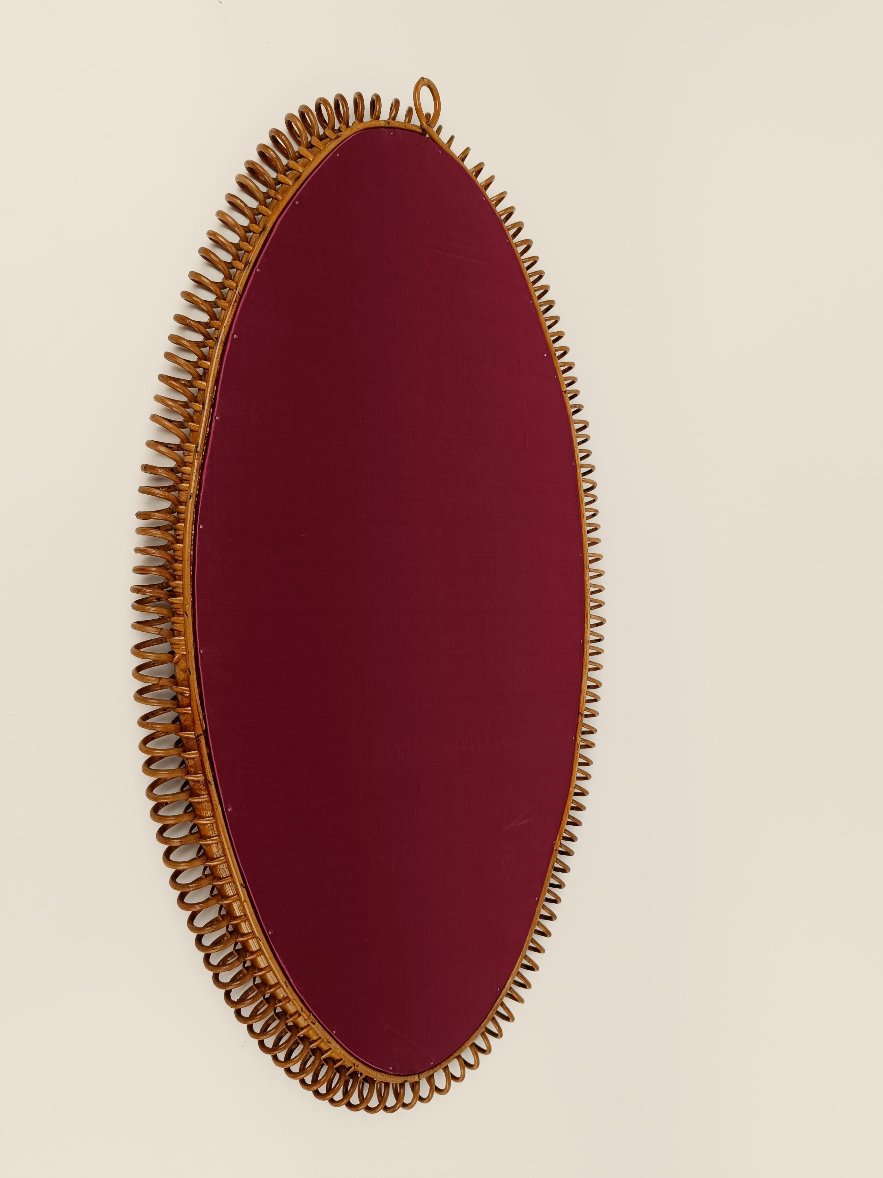 Midcentury Italian Riviera Spiral Bamboo and Rattan Oval Mirror, 1960s 2