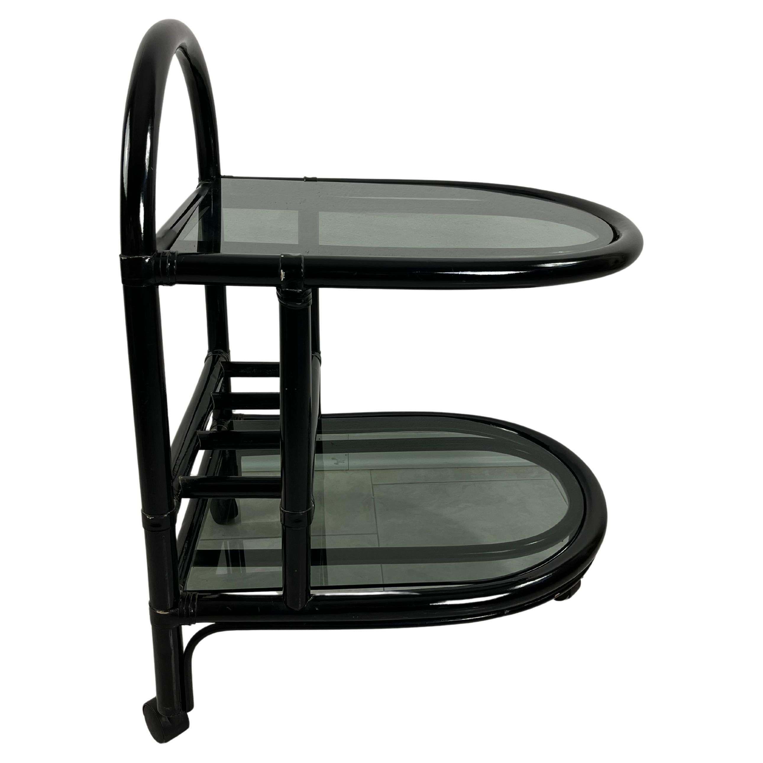 Mid-Century Italian "Roberti" Bamboo Bar Cart with 2 Smoked Glass Tops, 1960s