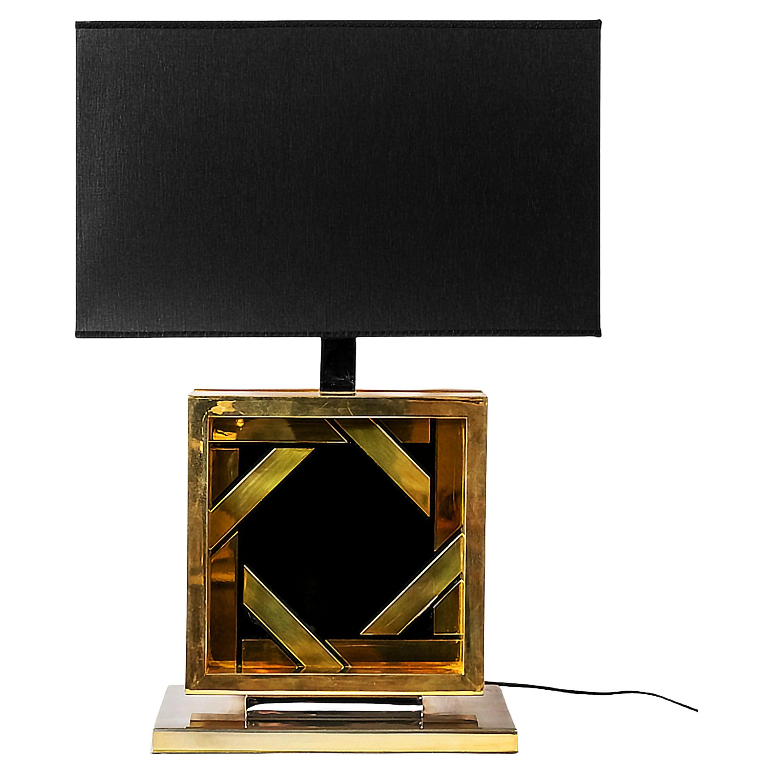 Mid-Century Italian Romeo Rega design/style table lamp in chrome, brass and black glass. 
The shade is new made in satin finish black textile with gold color inside.