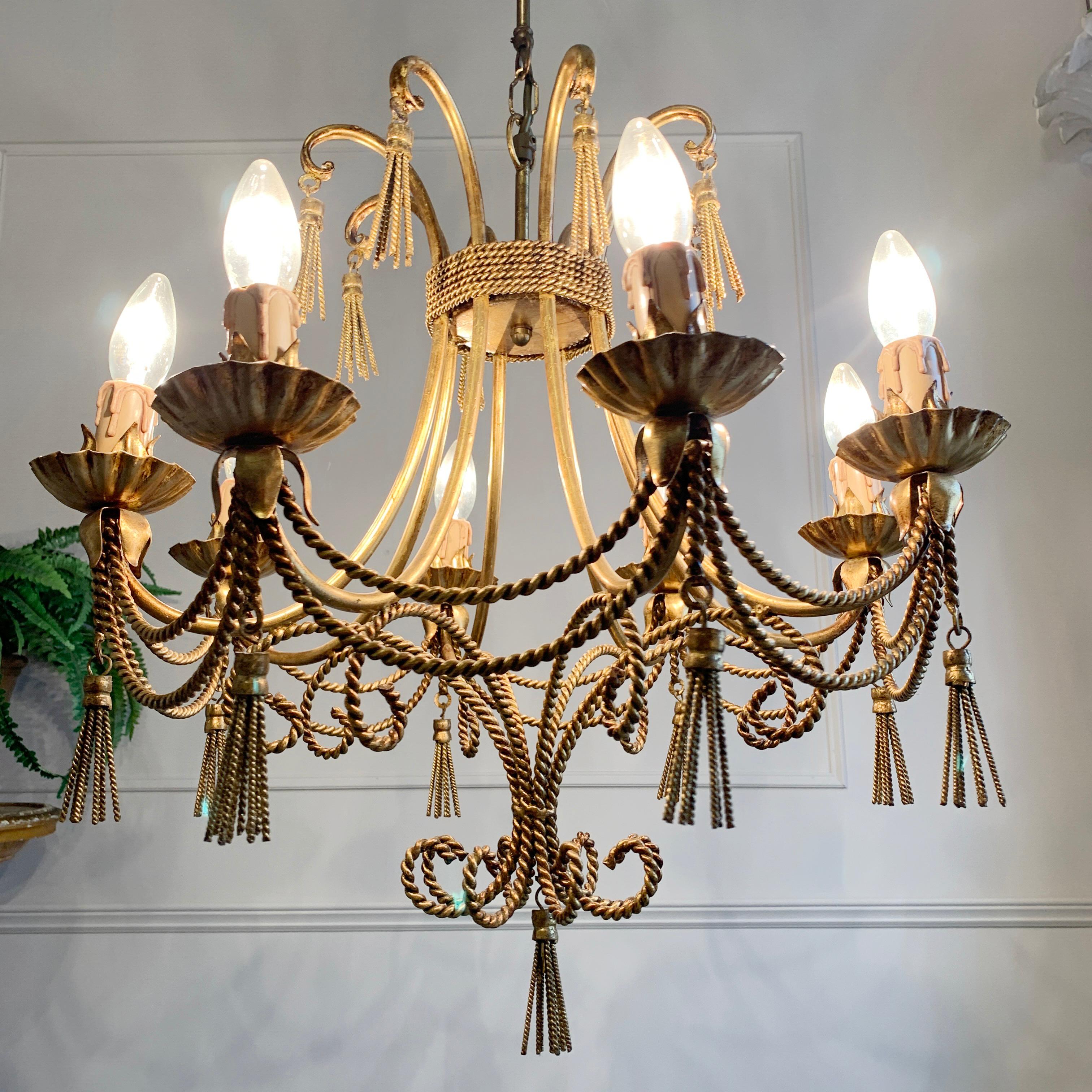 Mid-Century Modern Mid Century Italian Gold Rope and Tassel Chandelier For Sale