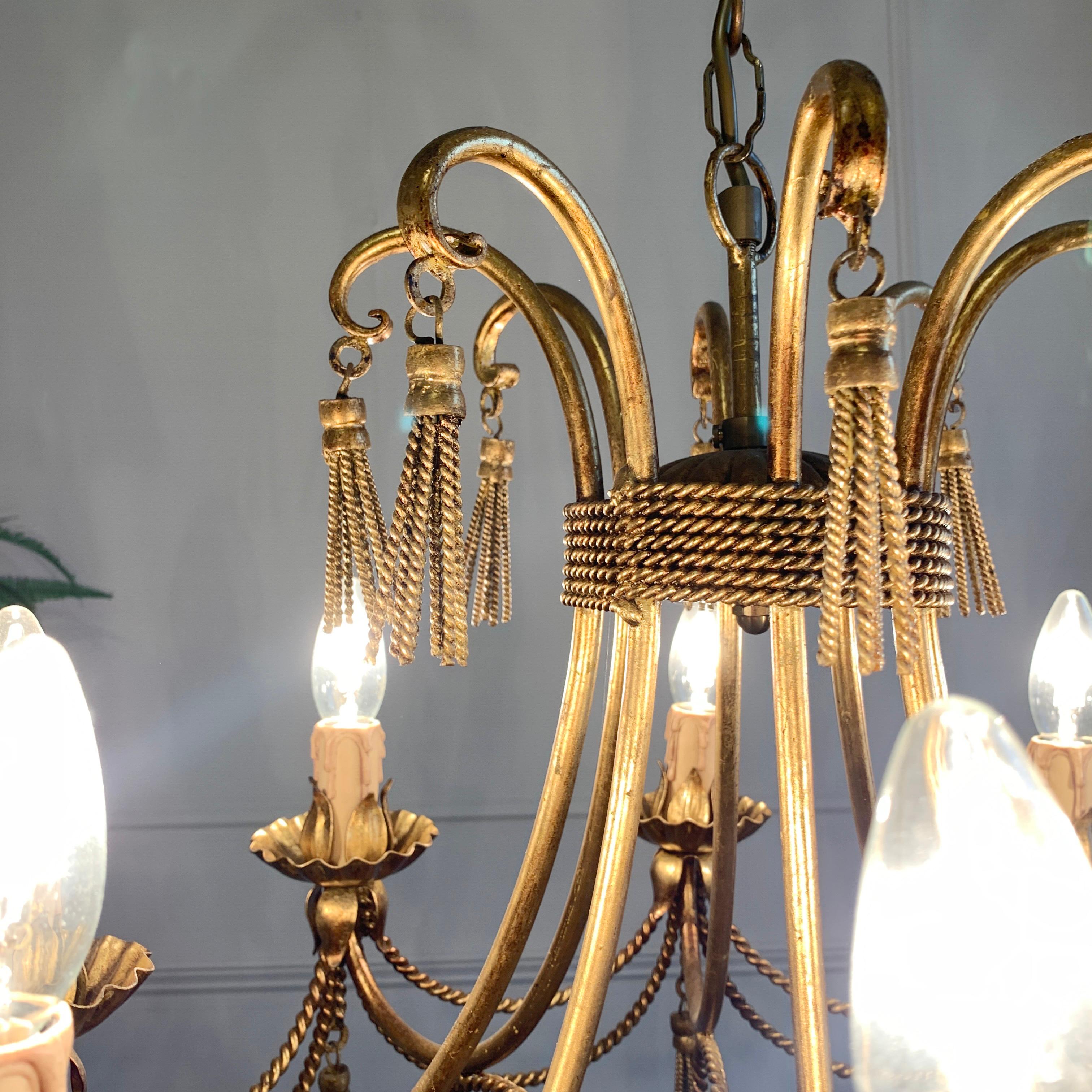 20th Century Mid Century Italian Gold Rope and Tassel Chandelier For Sale